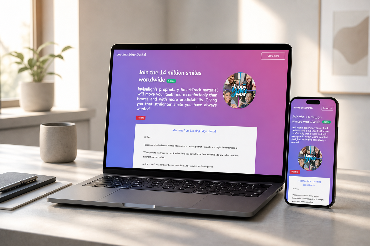 Minimalist Workspace With Dental Clinic Landing Page On Laptop